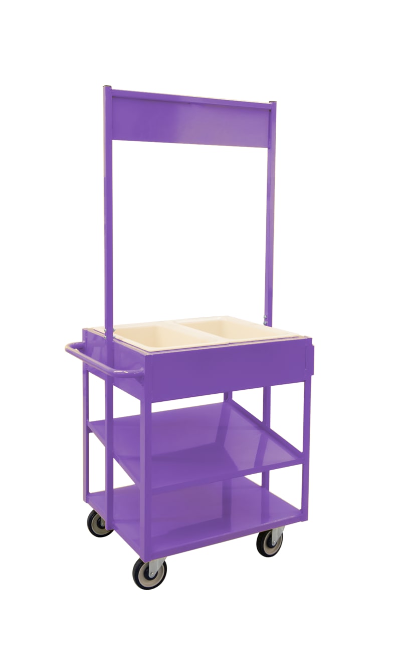 New Age Industrial 52861PURPLE Purple Powder-Coated Heavy Duty Welded Aluminum Merchandising Share Cart With HACCP Compliant Drop-In Cold Food Pans & Slanted Storage Shelves