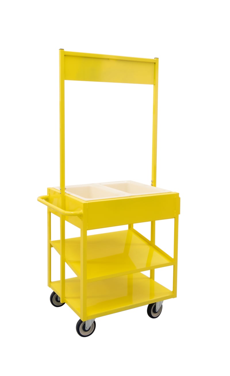 New Age Industrial 52861YELLOW Yellow Powder-Coated Heavy Duty Welded Aluminum Merchandising Share Cart With HACCP Compliant Drop-In Cold Food Pans & Slanted Storage Shelves