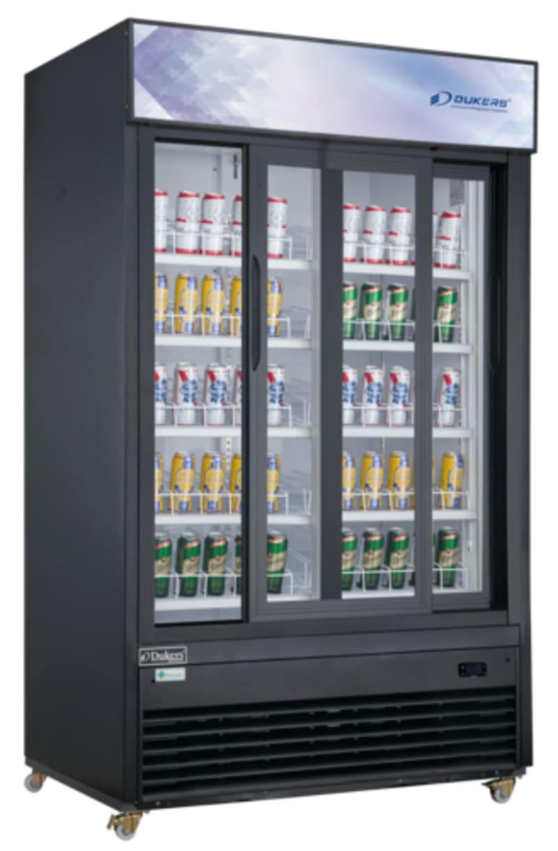 Dukers DSM-47SR Commercial Glass Sliding 2-Door Merchandiser Refrigerator in Black