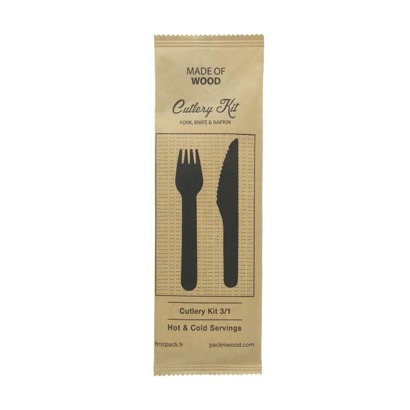 PacknWood 210COUVB33K Wooden Cutlery 3/1 kit (Knife + Fork + Napkin)