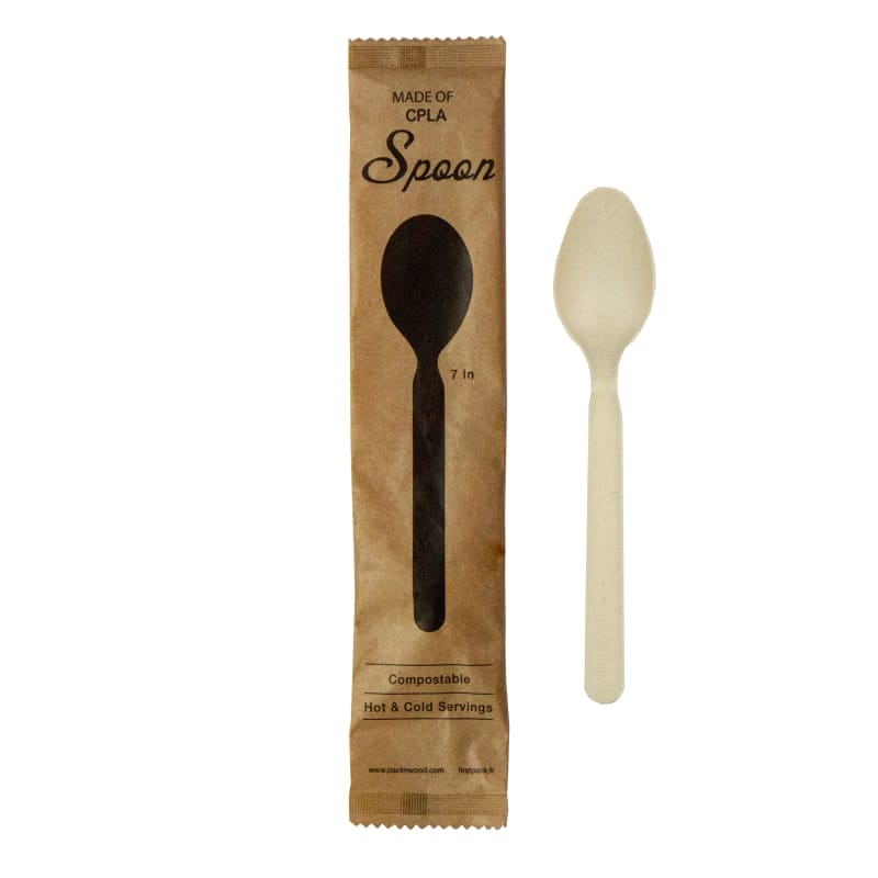 PacknWood 210CVPL733BBW Wrapped Compostable & Heat Proof Corn - Bamboo Fiber Spoon