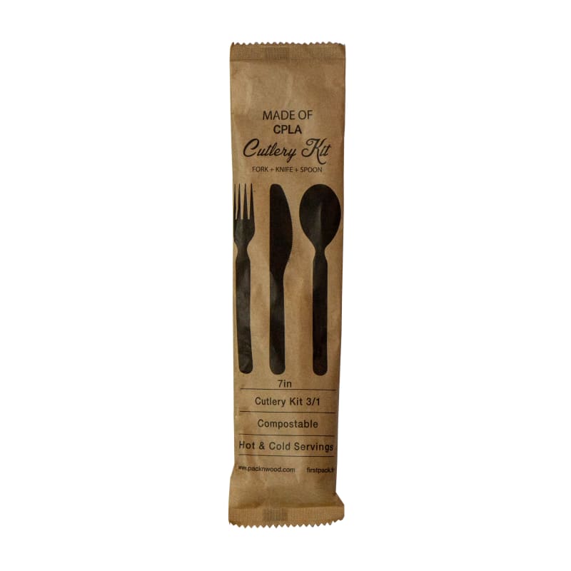 PacknWood 210CVPLK317BB Compostable Bamboo Fiber 3/1 Cutlery Kit With Kraft Bag (Knife, Fork, Spoon)