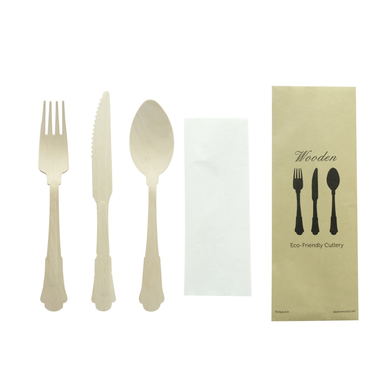 PacknWood 210WRENK44 Elegant Wooden Cutlery 4 Piece Set (Fork, Knife, Spoon, Napkin)