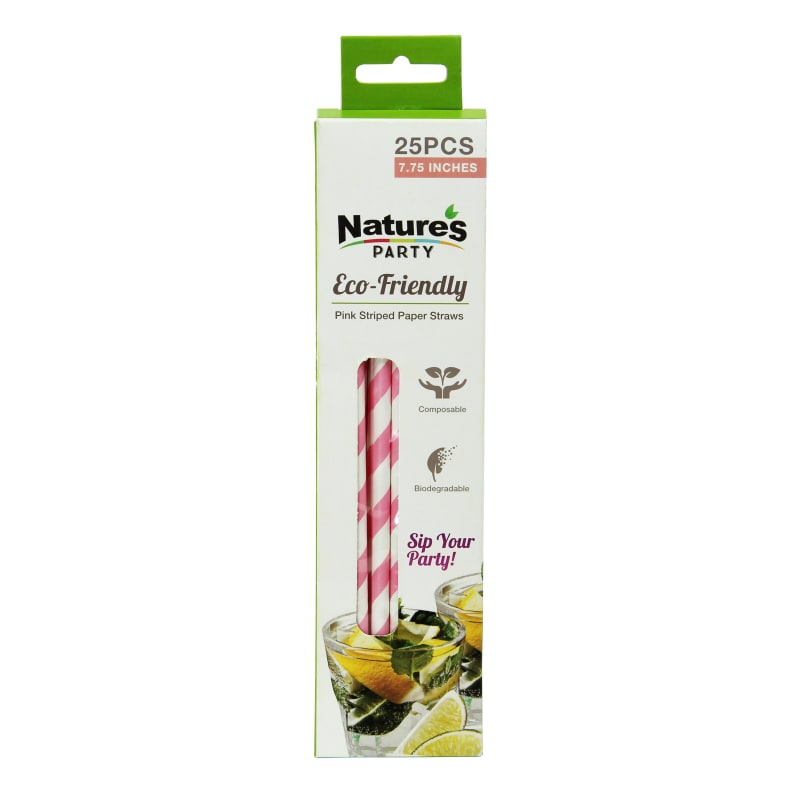 PacknWood 8NPCHP19PK1 Durable Pink & White Striped Paper Straws - Unwrapped