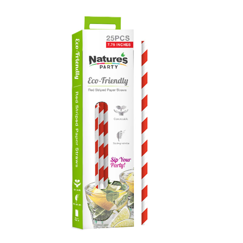 PacknWood 8NPCHP19R1 Durable Red & White Striped Paper Straws - Unwrapped