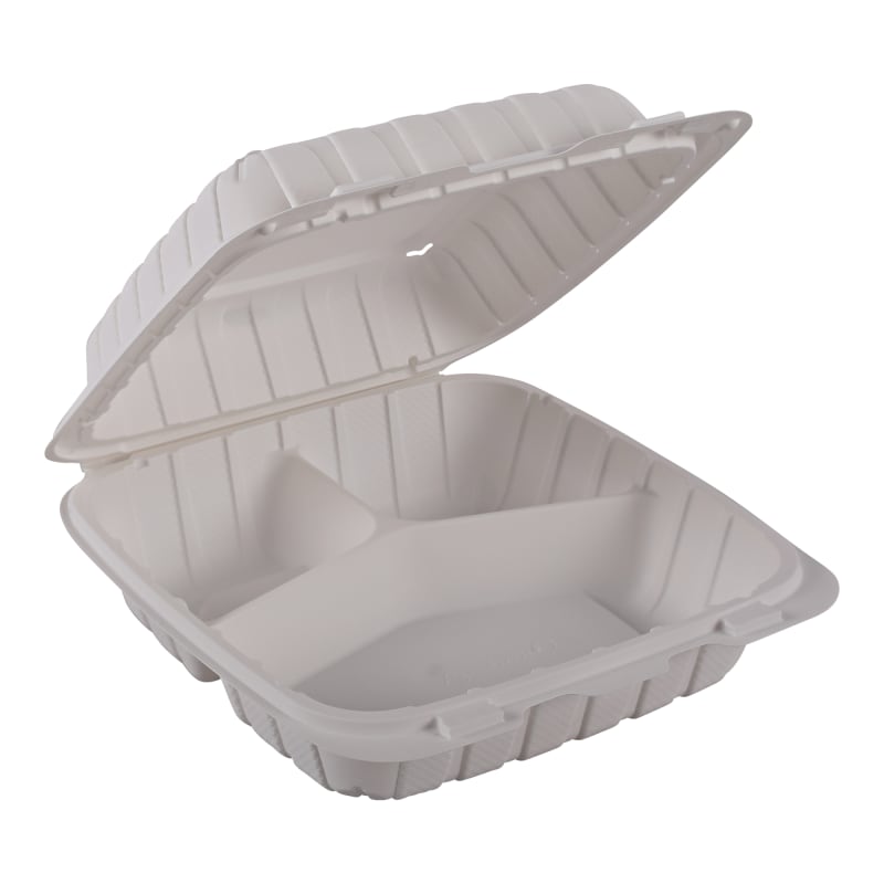 Empress EPPHL-83 Hinged Container Mineral Filled PP 8" x 8" x 3" Natural 3-Compartment