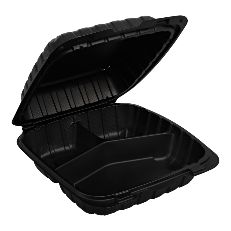 Empress EPPHLB-83 Hinged Container Mineral Filled PP 8" x 8" x 3" Black 3-Compartment