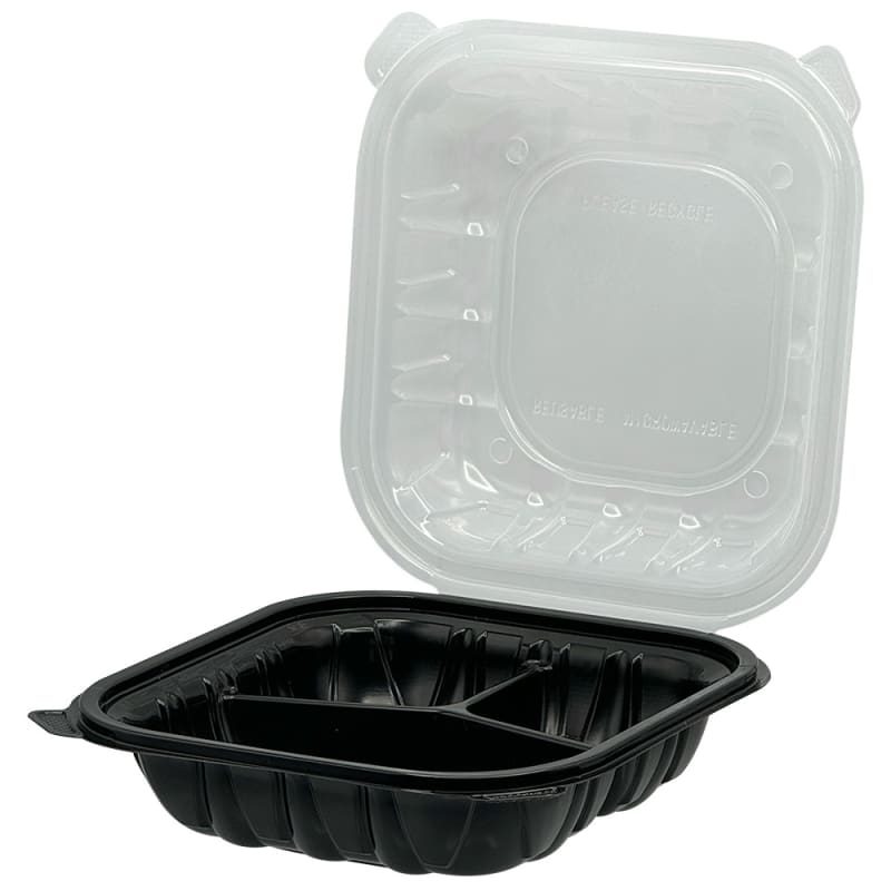 Empress EHLPPBKCL-93 PP Hinged Container Black/Clear Lid 9" x 9" x 3" , 3 Comp , Vented