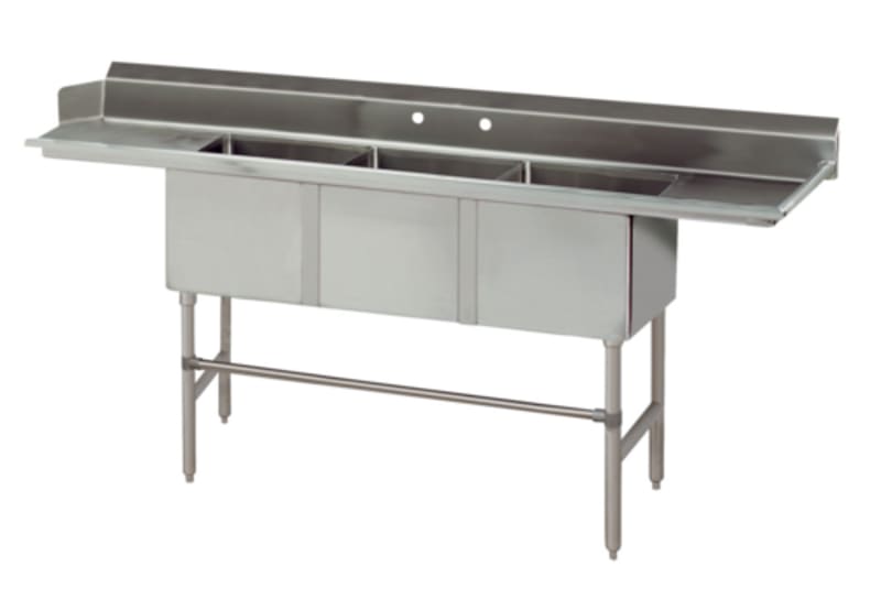 Advance Tabco DTC-3-90R-X 90" Straight Dish Table - Right to Left, 16" Right Drainboard, (3) 18" x 24" x 14" Bowls