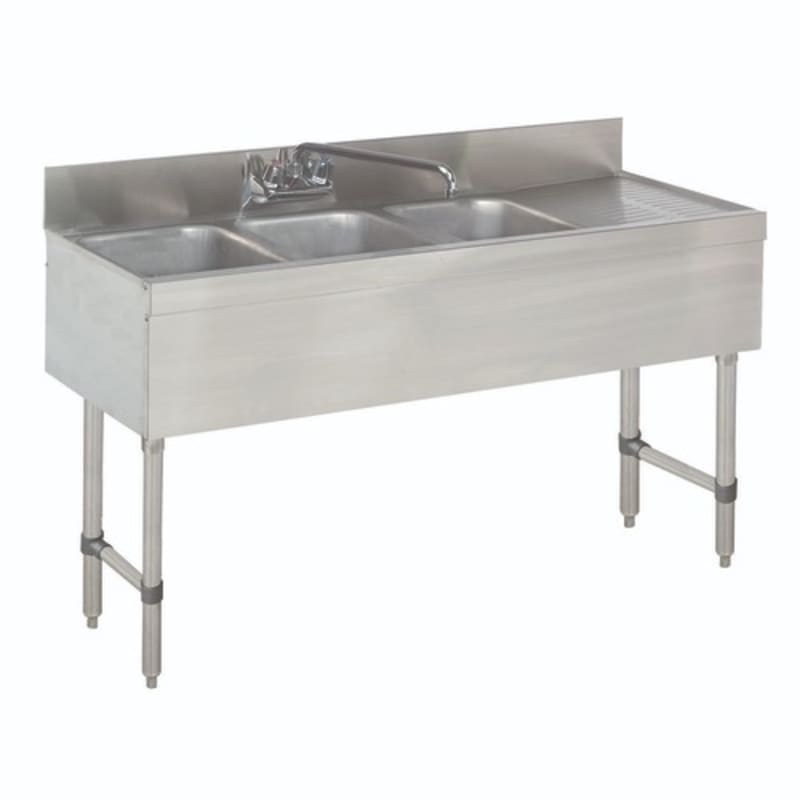 Advance Tabco SLB-43L-X Special Value Three Compartment Underbar Sink, 10" x 14" Bowls, with 9" Right Drainboard