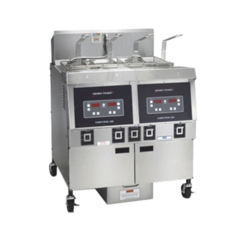 Henny Penny OFE322.04 (2) 65 lb. Open Pot Electric Floor Deep Fryer w/ 4 Half-Baskets and Computron 8000 Controllers, 208V/3-Phase