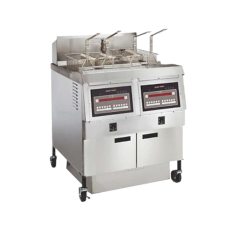 Henny Penny OFG322.07 (2) 65 lb. Open Pot LP Gas Floor Deep Fryer w/ 4 Half-Baskets and Computron 1000 Controllers