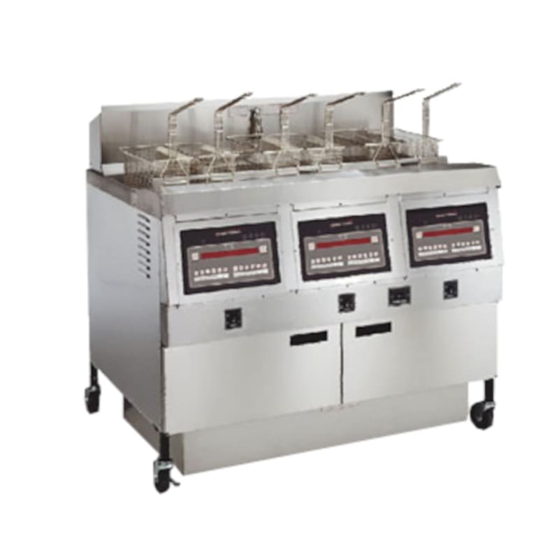 Henny Penny OFG323.08 (3) 65 lb. Open Pot Natural Gas Floor Deep Fryer w/ 6 Half-Baskets and Computron 8000 Controllers