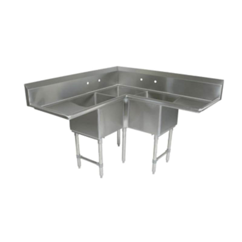 John Boos E3BCS-244-2D24-X E-Series Three Compartment Corner Sink, 24" x 24" Bowls, with Dual 24" Drainboards