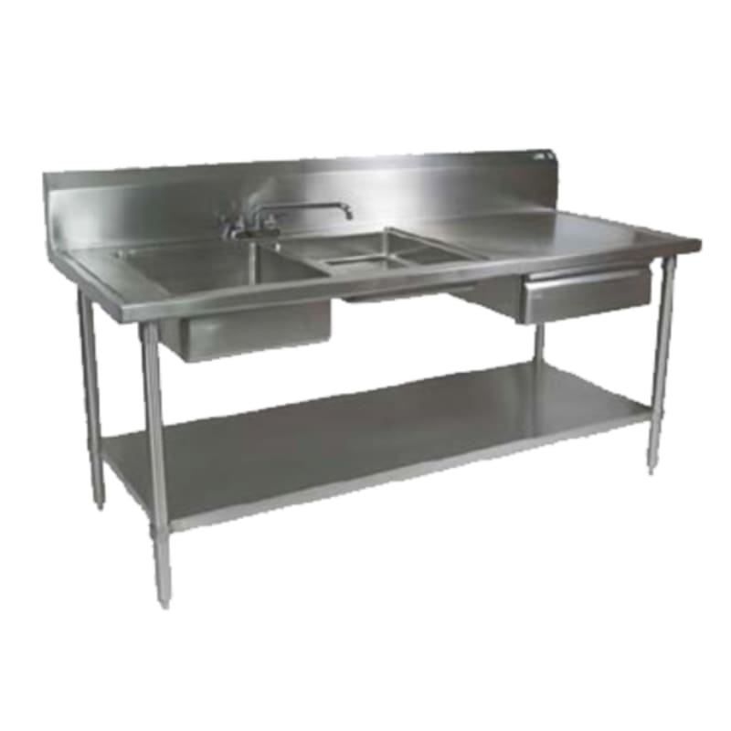 John Boos EPT6R10-DL2B-96L-X 96" x 30" Work Table with 10" Backsplash and Two Prep Sinks on Left, Stainless Steel Legs and Undershelf