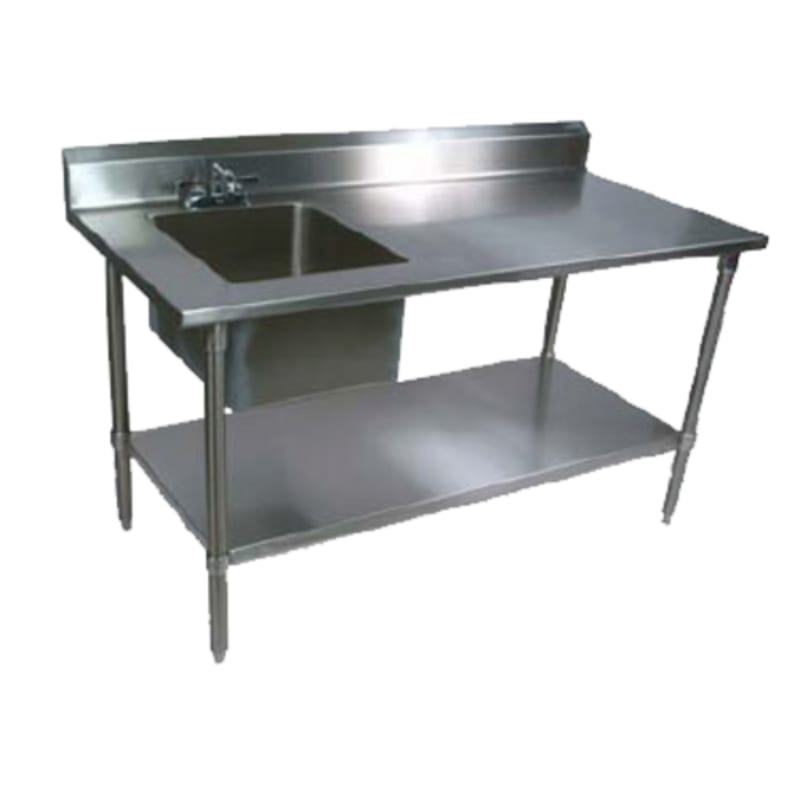 John Boos EPT6R5-3072SSK-L-X 72" x 30" Work Table with 5" Backsplash and Prep Sink on Left, Stainless Steel Legs and Undershelf