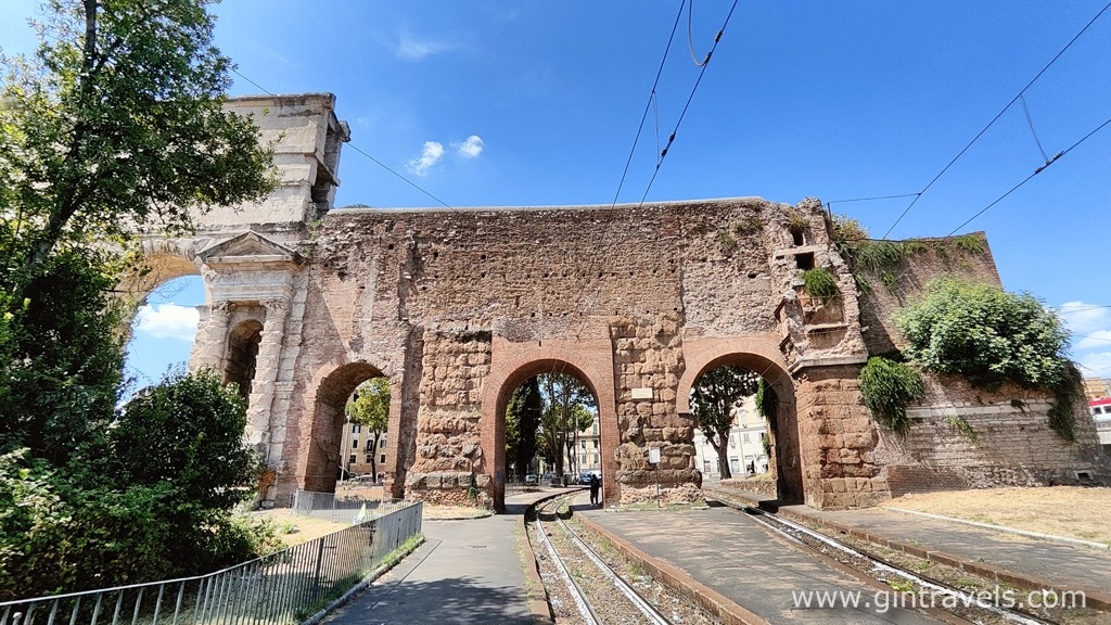 Outer side of Porta Magiore with tram tracks, Rome