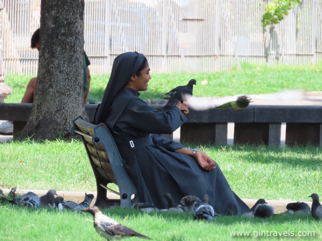The nun and the pigeons with a flash of white light