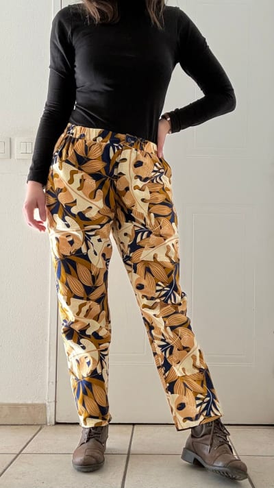 Finished pants laid flat, front view