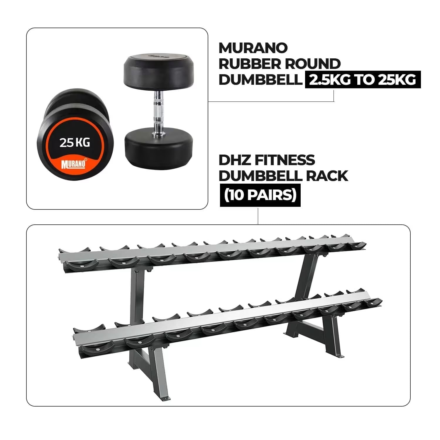 Murano 2.5 to 25kg TPU Round Dumbbells with Rack Combo