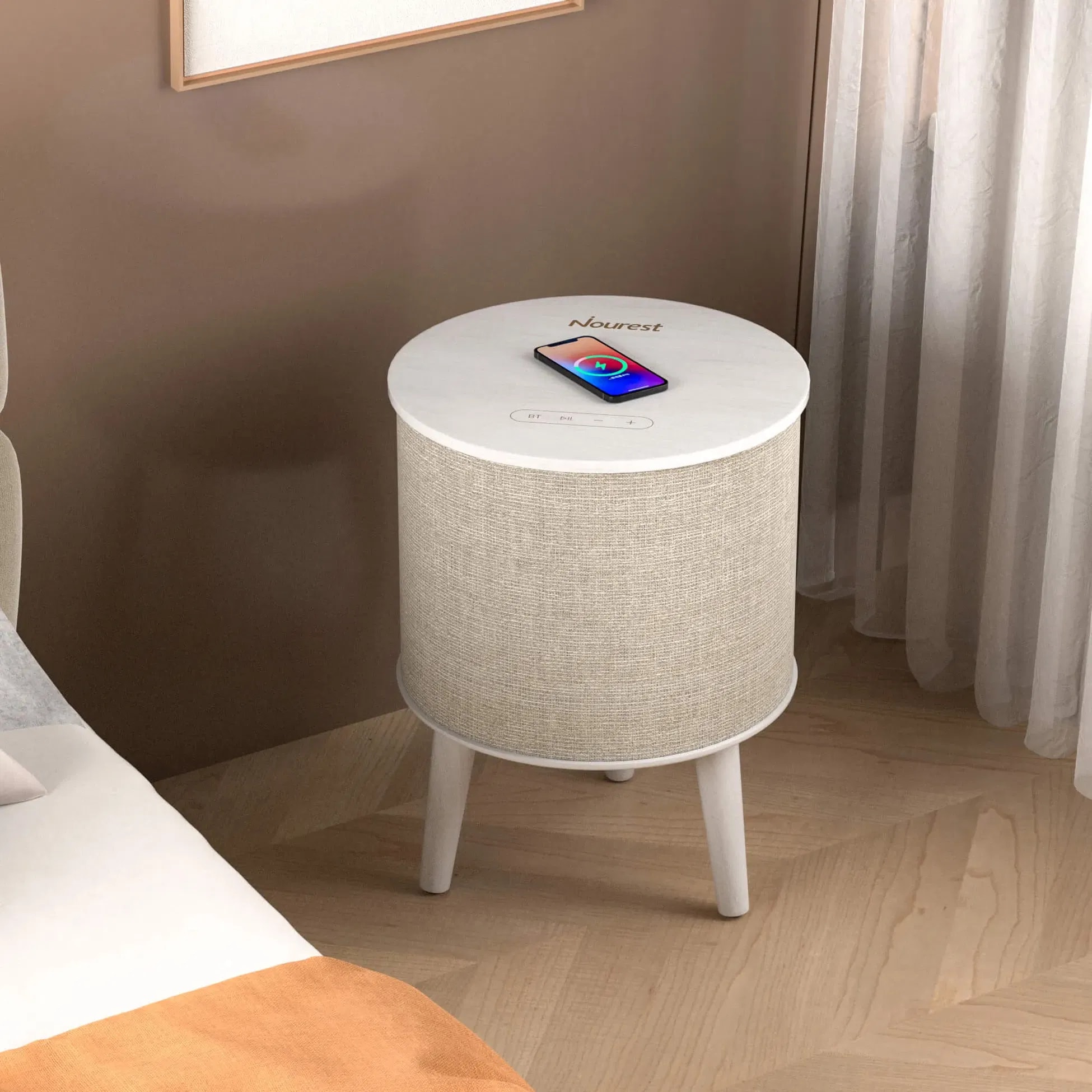 Nourest 4 in 1 Side Table with inbuilt 70W Bluetooth speaker - Touch Control, Beige