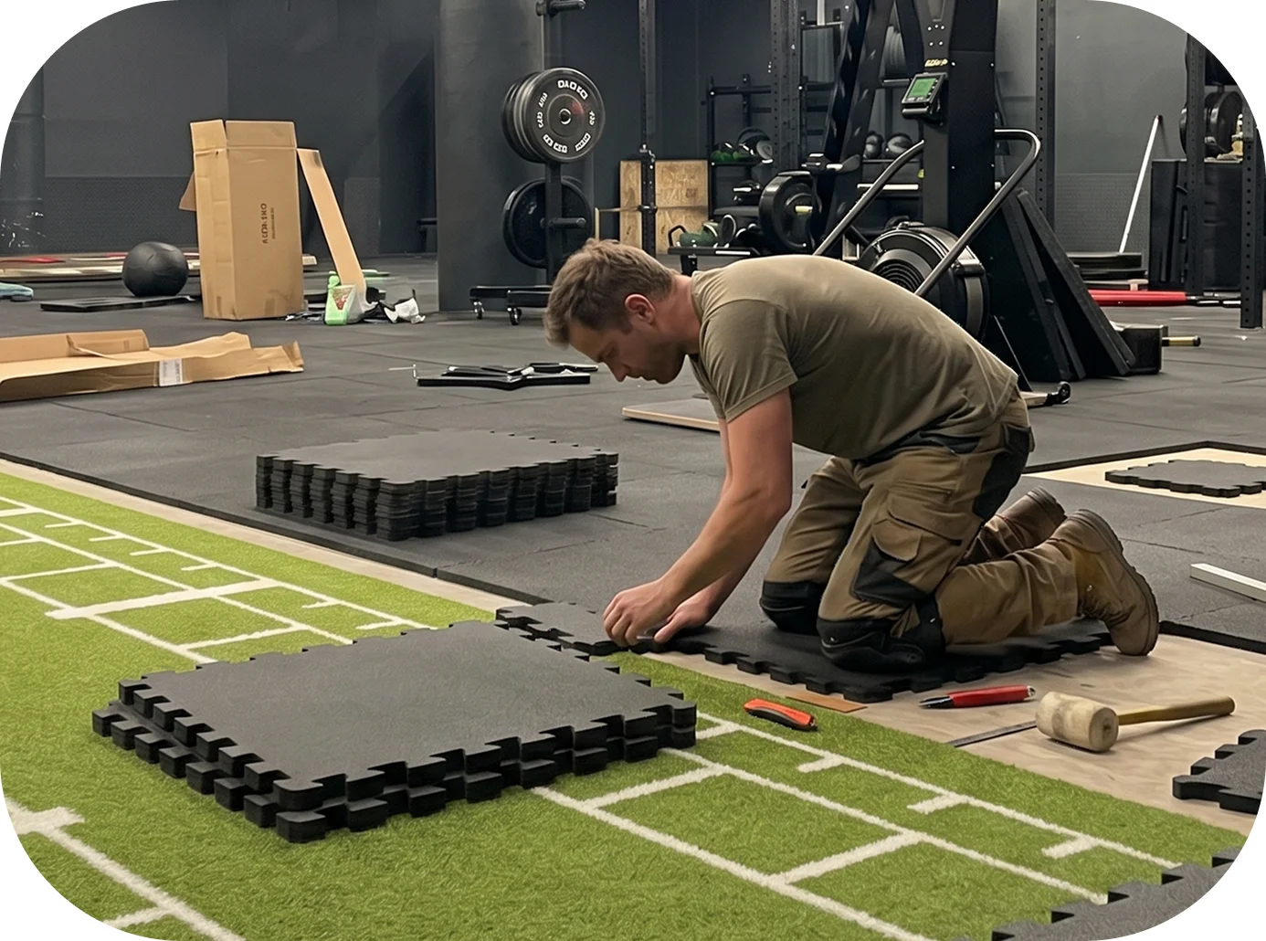 Installer fitting black interlocking gym tiles beside artificial turf in a commercial gym