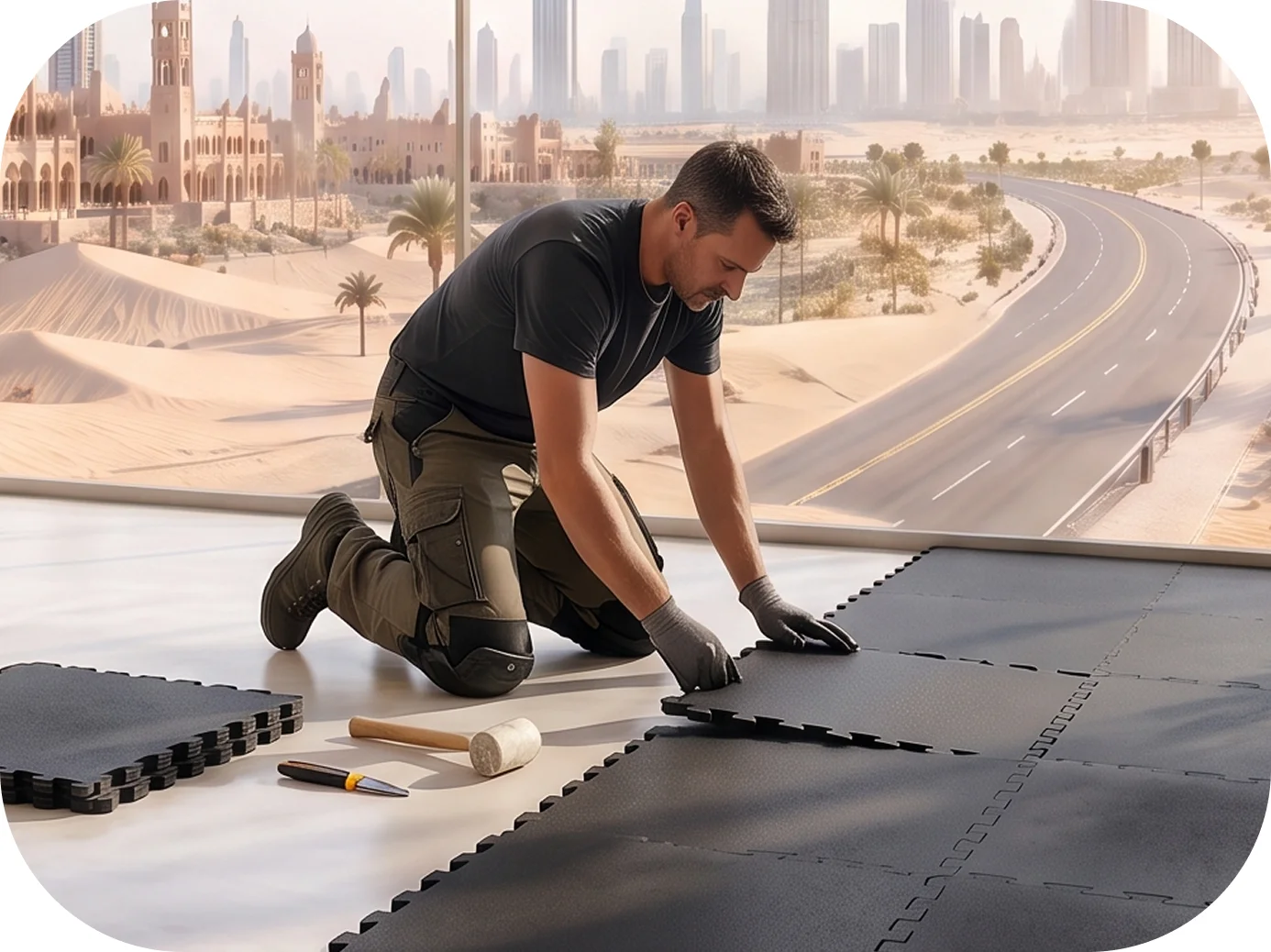 Installer fitting black interlocking gym tiles on a terrace overlooking Dubai