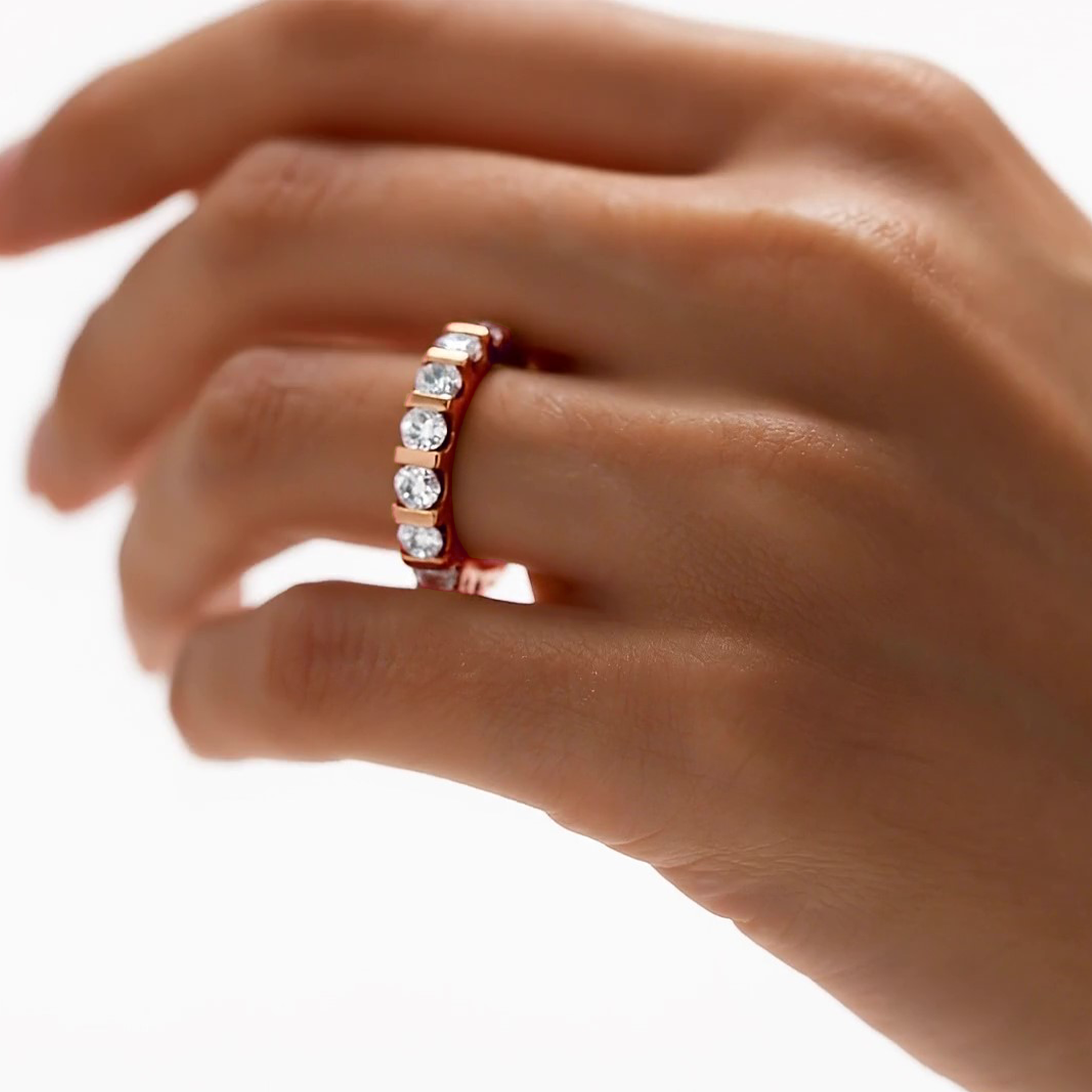 Ira bar round brilliant diamond eternity band in yellow gold — earth and grown diamonds by Amber Arc – view 4