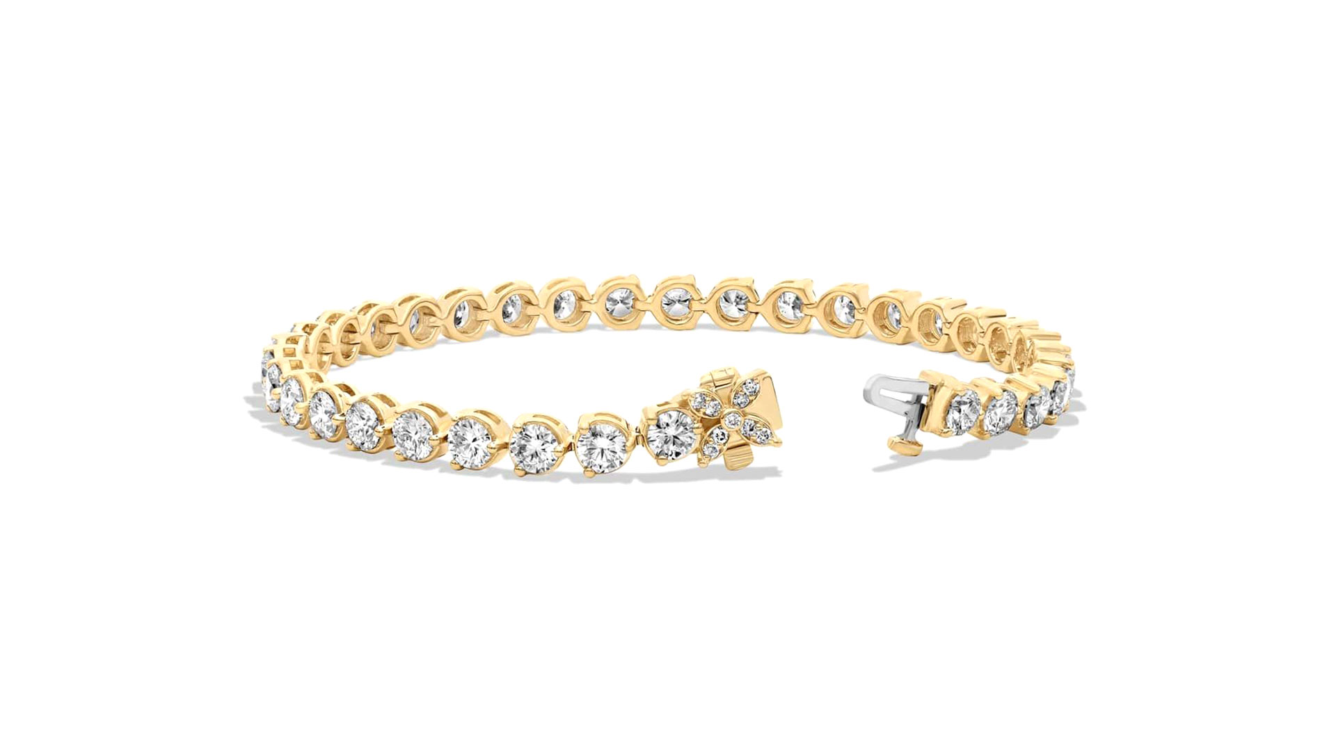 Stella three prong round brilliant diamond tennis bracelet with diamond flower clasp in white gold by Amber Arc – view 2