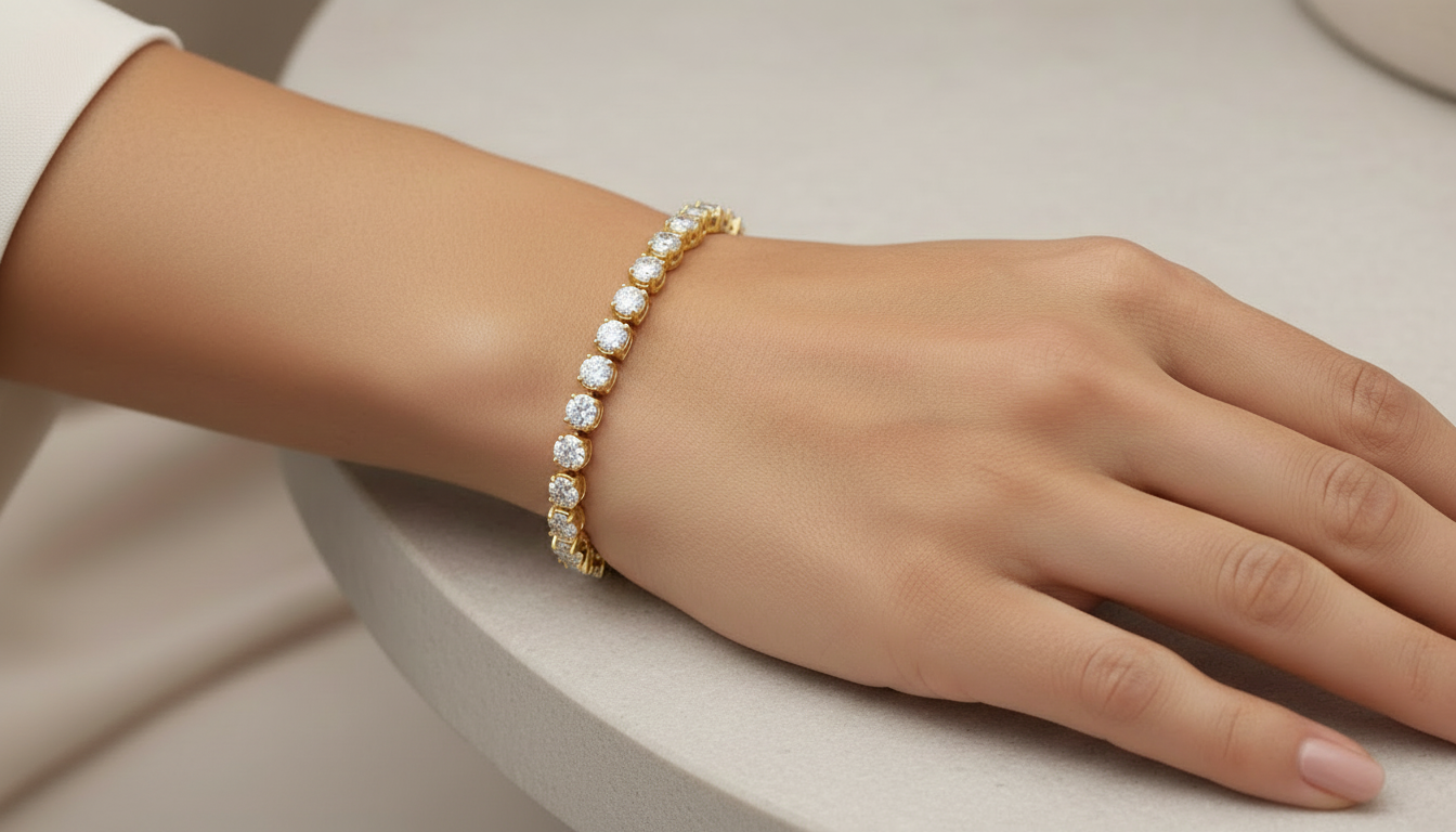Stella three prong round brilliant diamond tennis bracelet with diamond flower clasp in white gold by Amber Arc – view 4