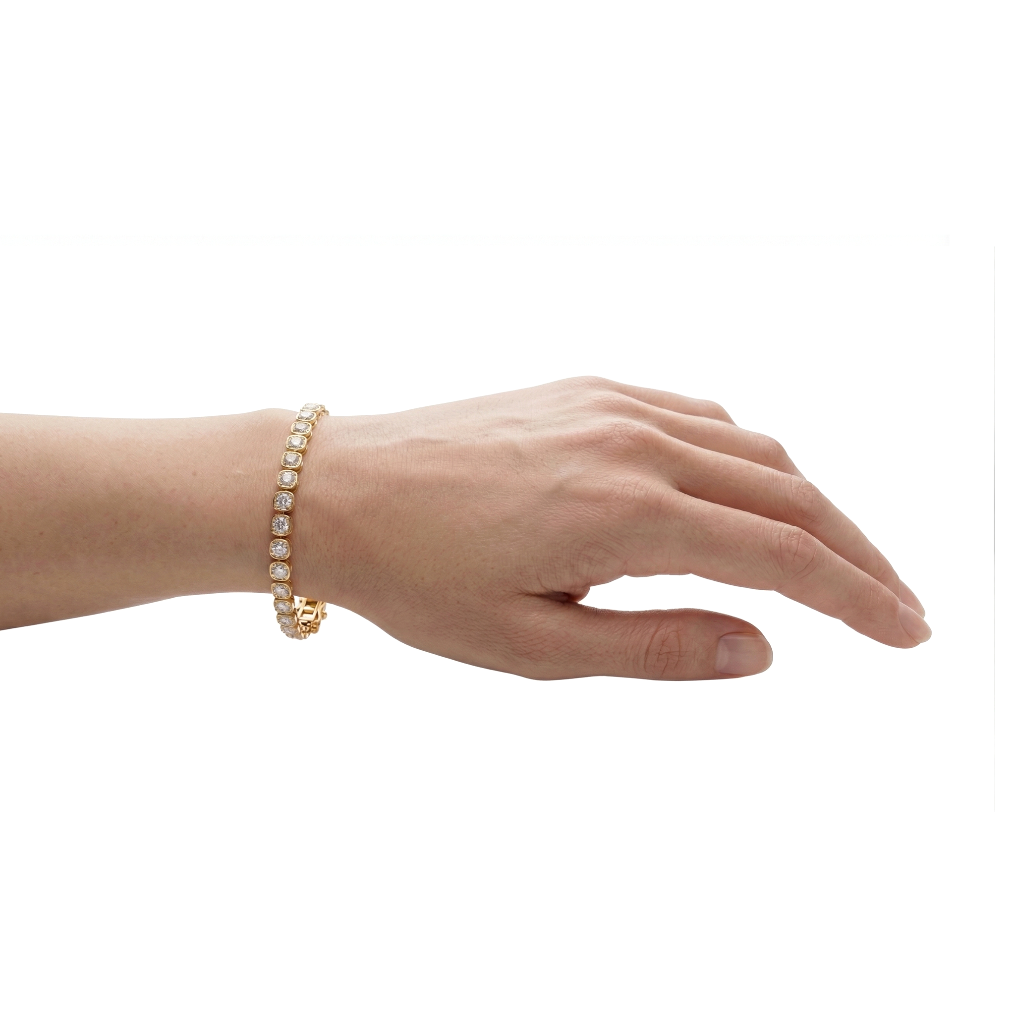 Valencia bezel square cushion diamond tennis bracelet in white gold — earth and grown diamonds by Amber Arc – view 5