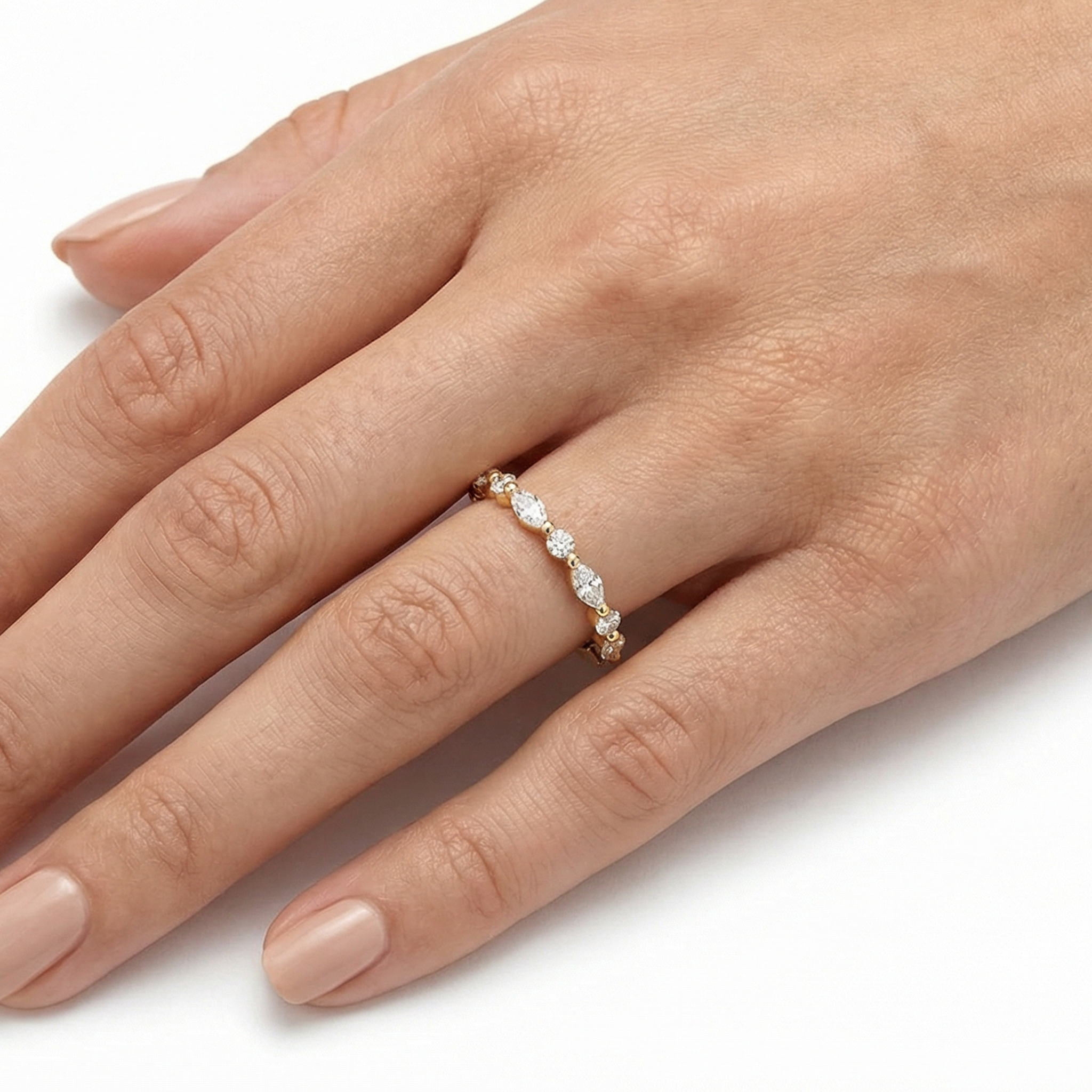 Venus marquise and round east west alternating diamond eternity band in white gold — earth and grown diamonds by Amber Arc – view 4
