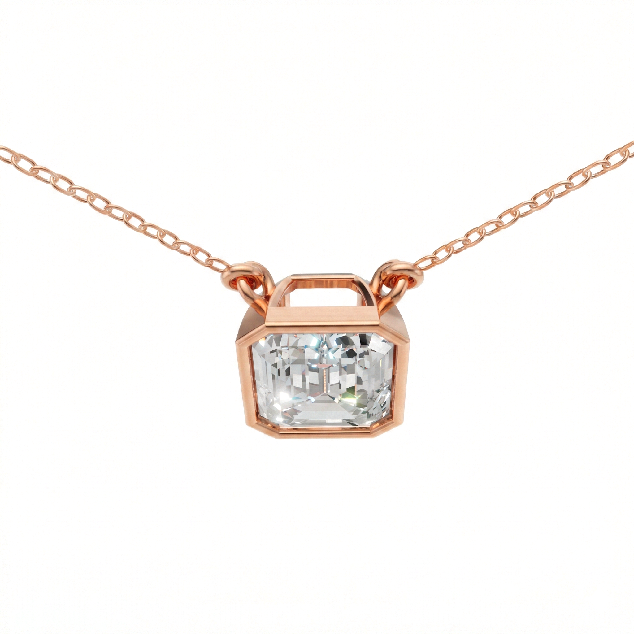 Valencia bezel emerald cut diamond pendant north south in yellow gold on cable chain — earth and grown diamonds by Amber Arc – view 2
