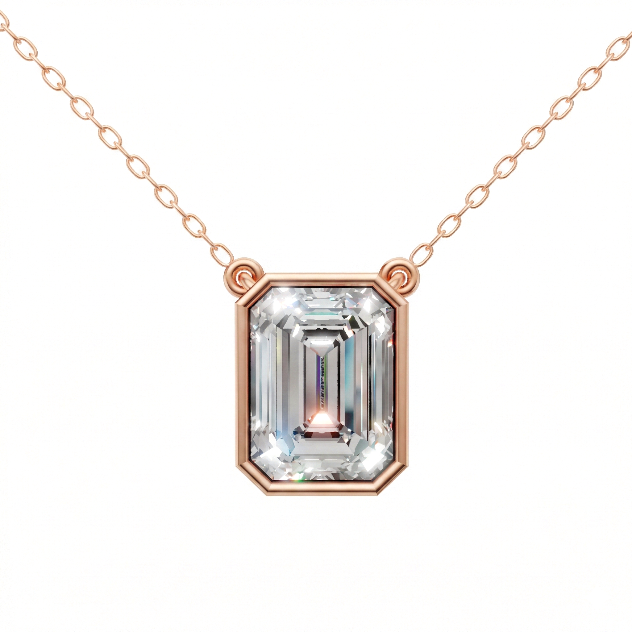 Valencia bezel emerald cut diamond pendant north south in yellow gold on cable chain — earth and grown diamonds by Amber Arc