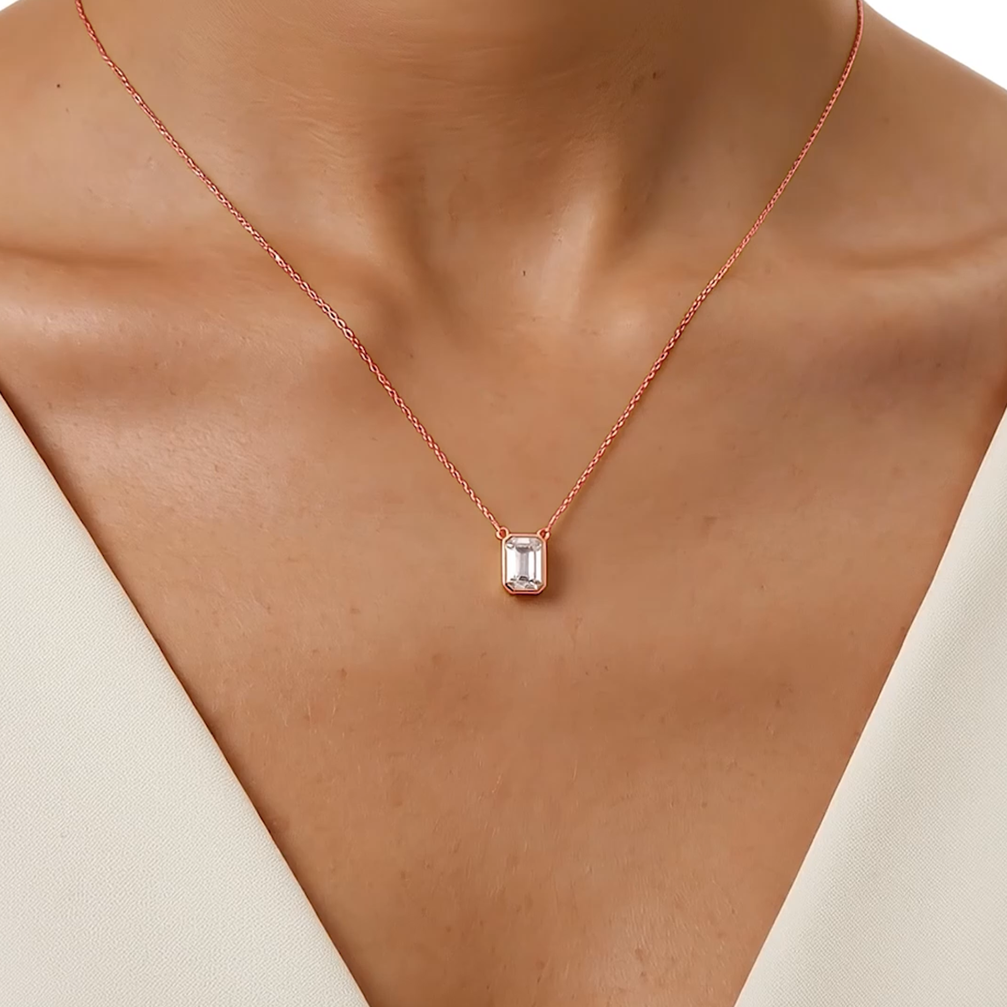 Valencia bezel emerald cut diamond pendant north south in yellow gold on cable chain — earth and grown diamonds by Amber Arc – view 4