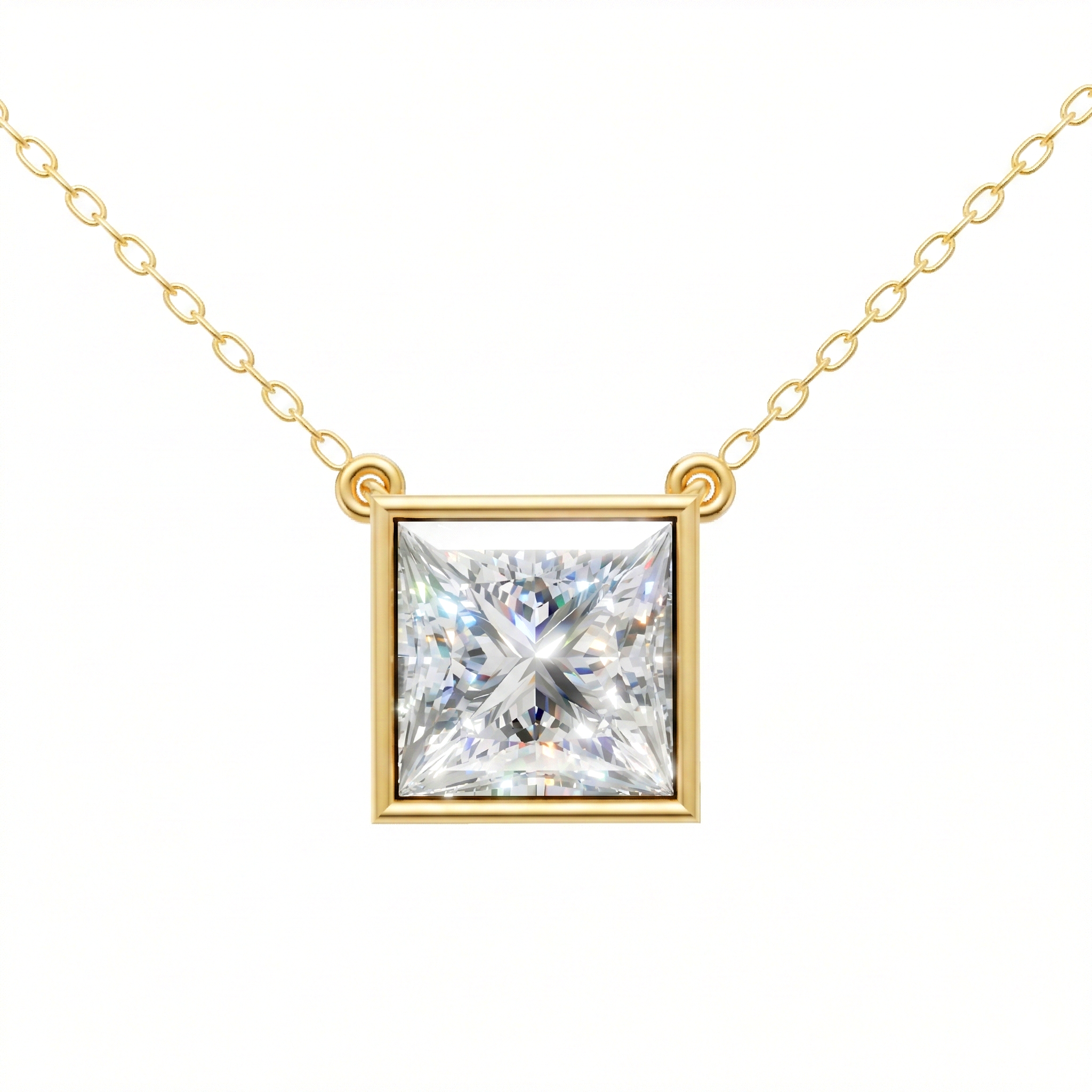 Valencia bezel princess cut diamond pendant in yellow gold on cable chain — earth and grown diamonds by Amber Arc