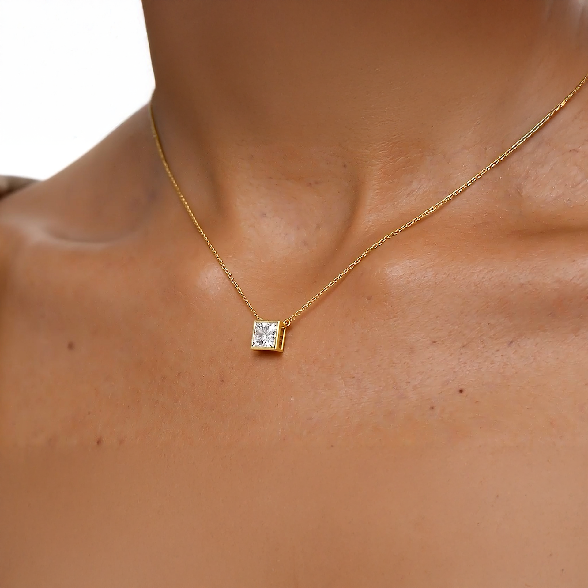Valencia bezel princess cut diamond pendant in yellow gold on cable chain — earth and grown diamonds by Amber Arc – view 4