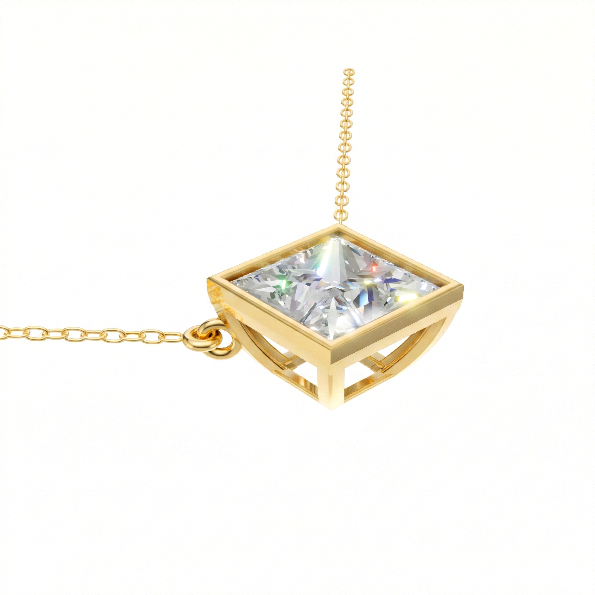 Valencia bezel princess cut diamond pendant in yellow gold on cable chain — earth and grown diamonds by Amber Arc – view 2