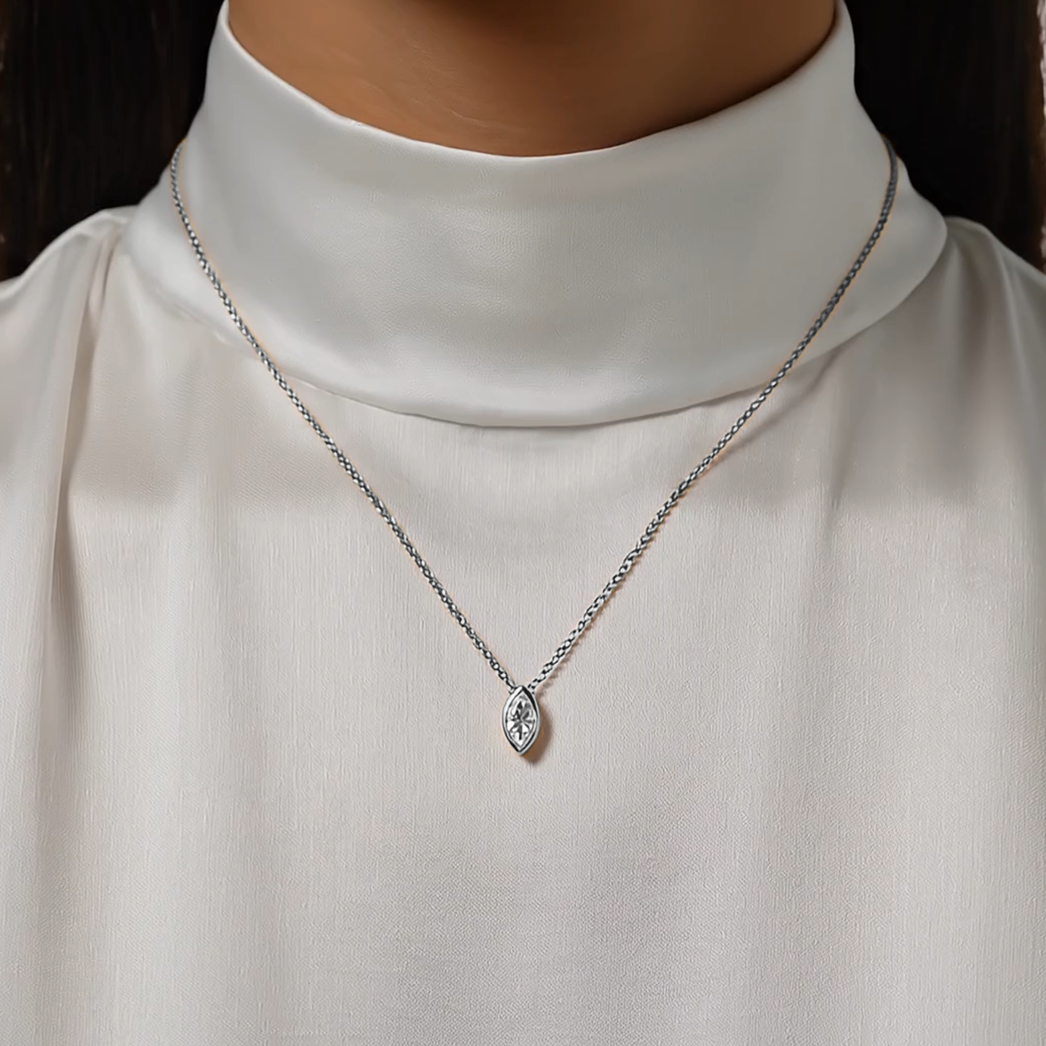 Valencia bezel marquise diamond pendant north south in yellow gold on cable chain — earth and grown diamonds by Amber Arc – view 4