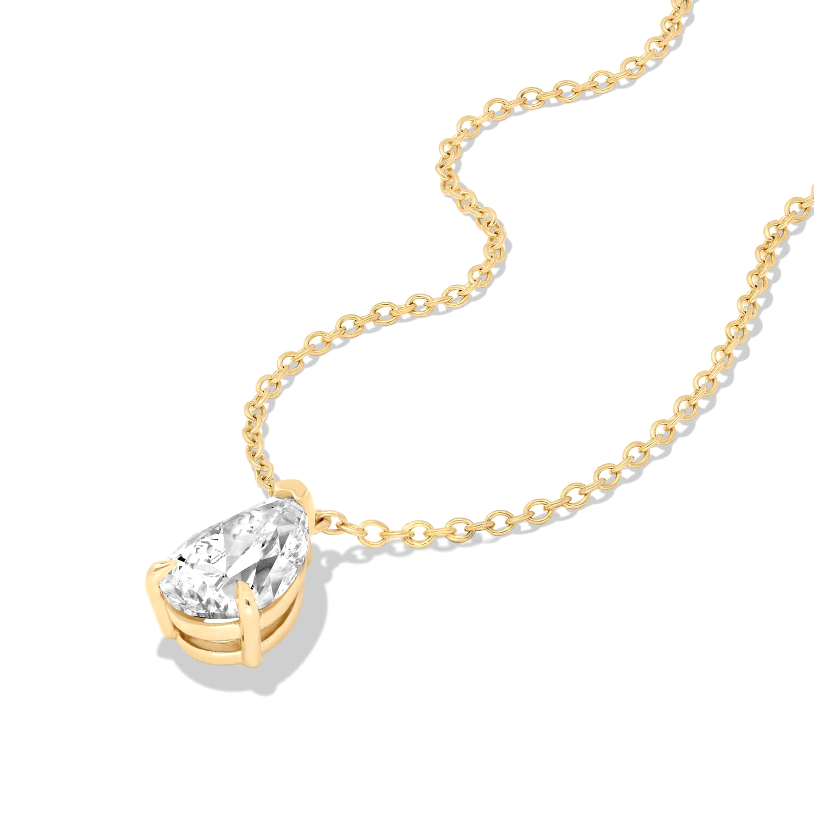 Stella three prong pear diamond pendant point up in white gold on cable chain — earth and grown diamonds by Amber Arc – view 2