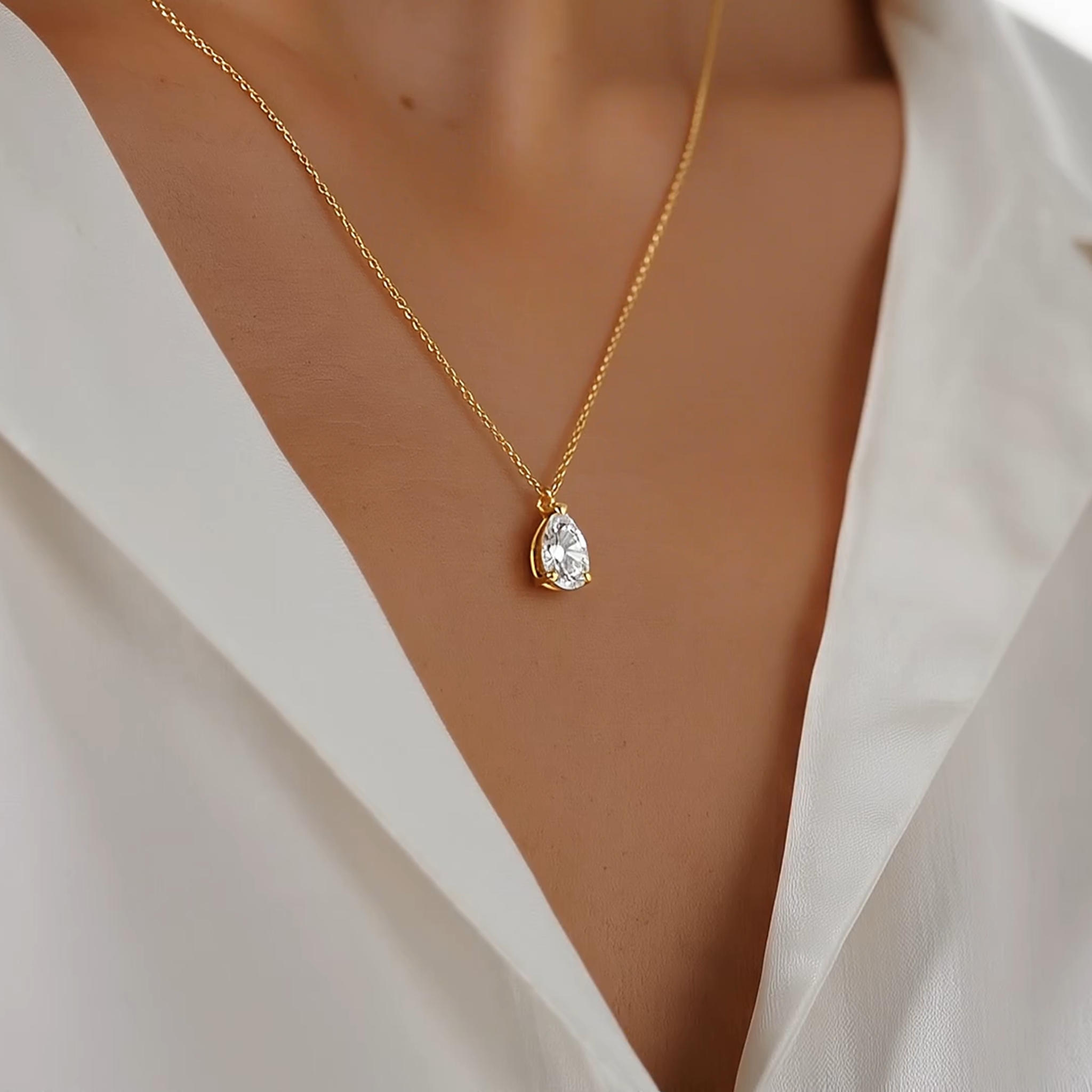 Stella three prong pear diamond pendant point up in white gold on cable chain — earth and grown diamonds by Amber Arc – view 4