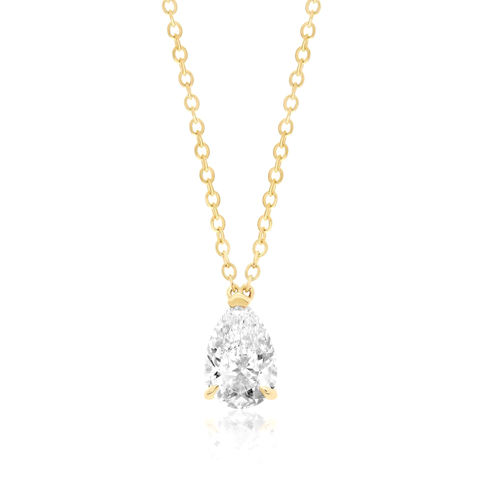 Stella three prong pear diamond pendant point up in white gold on cable chain — earth and grown diamonds by Amber Arc