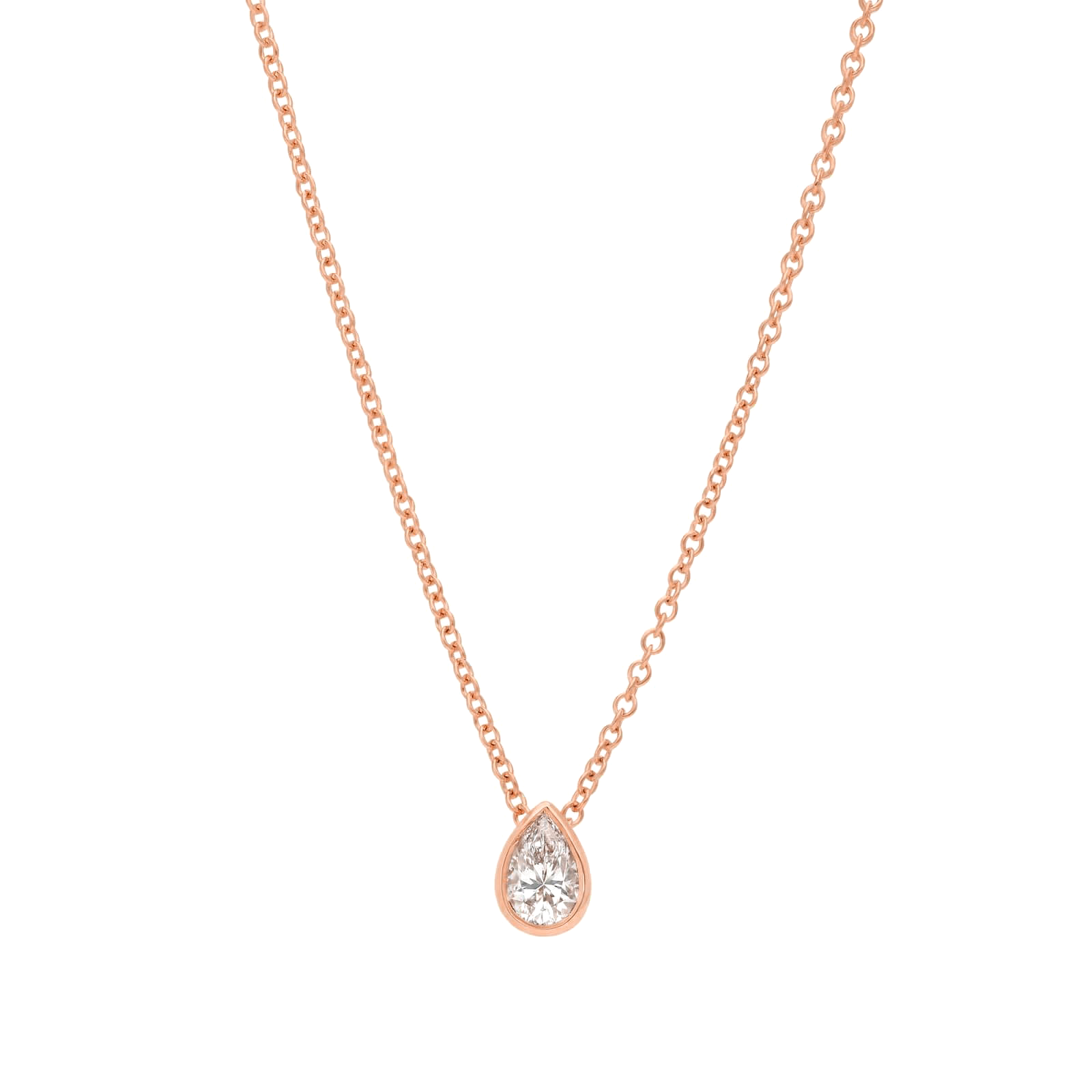 Valencia bezel pear diamond pendant point down in yellow gold on cable chain — earth and grown diamonds by Amber Arc