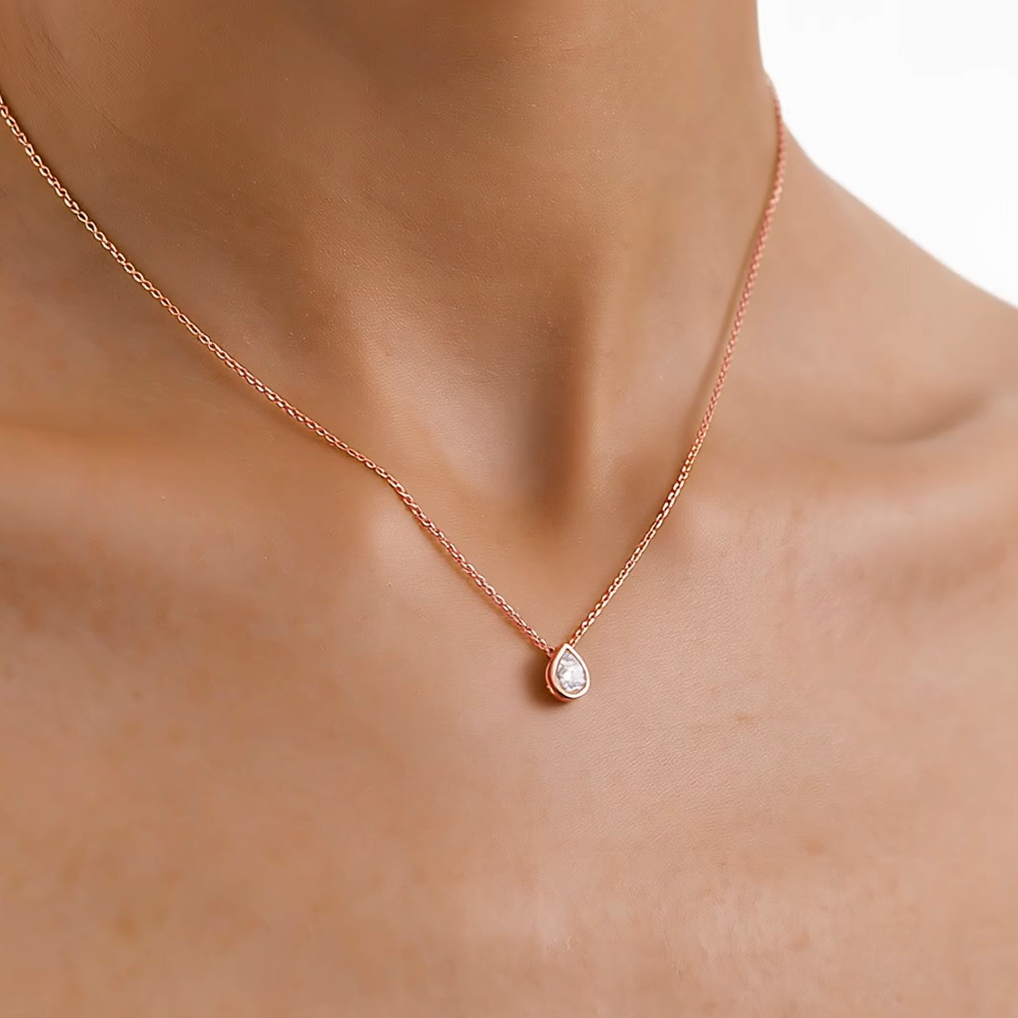 Valencia bezel pear diamond pendant point down in yellow gold on cable chain — earth and grown diamonds by Amber Arc – view 4
