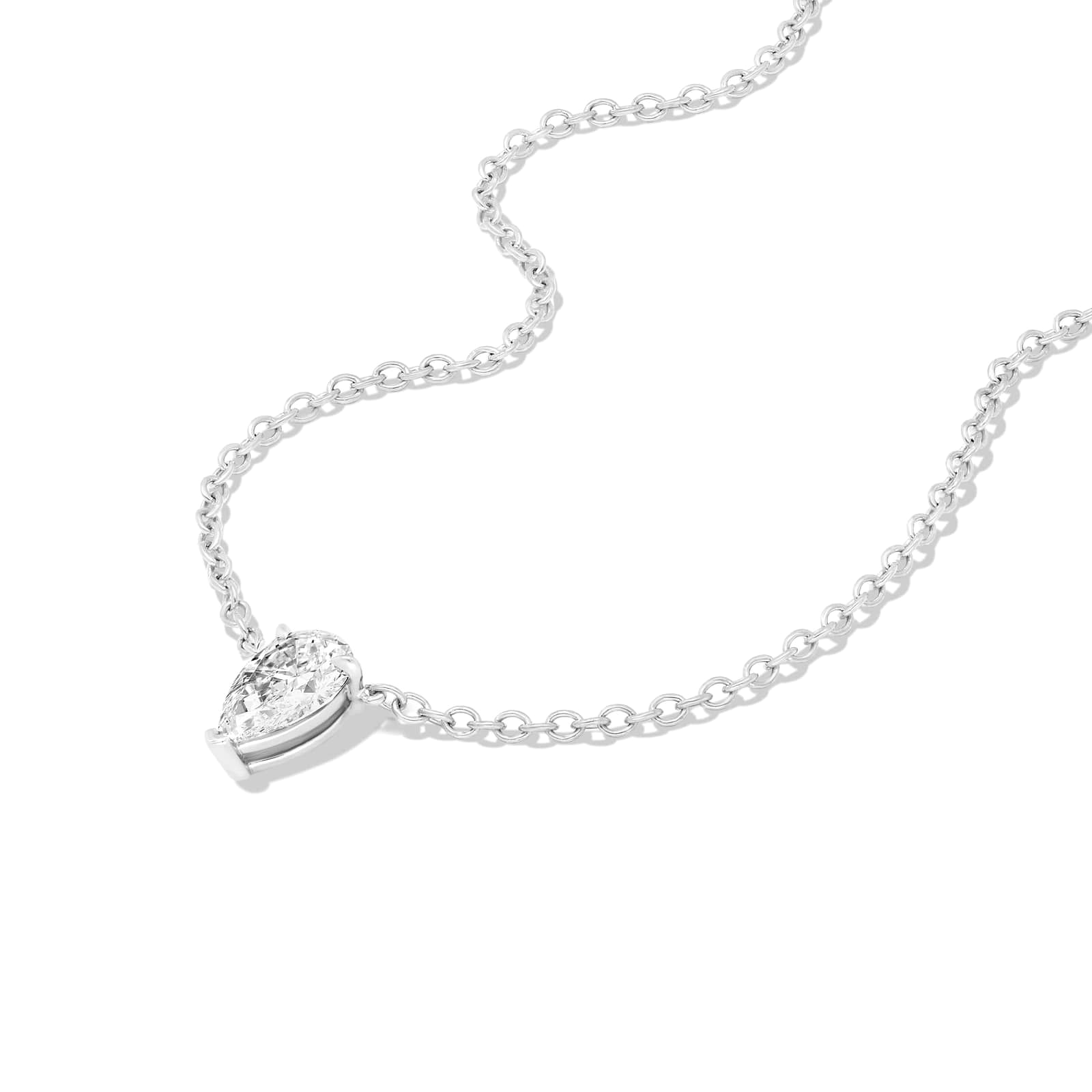 Stella three prong pear diamond pendant point down in white gold on cable chain — earth and grown diamonds by Amber Arc – view 2