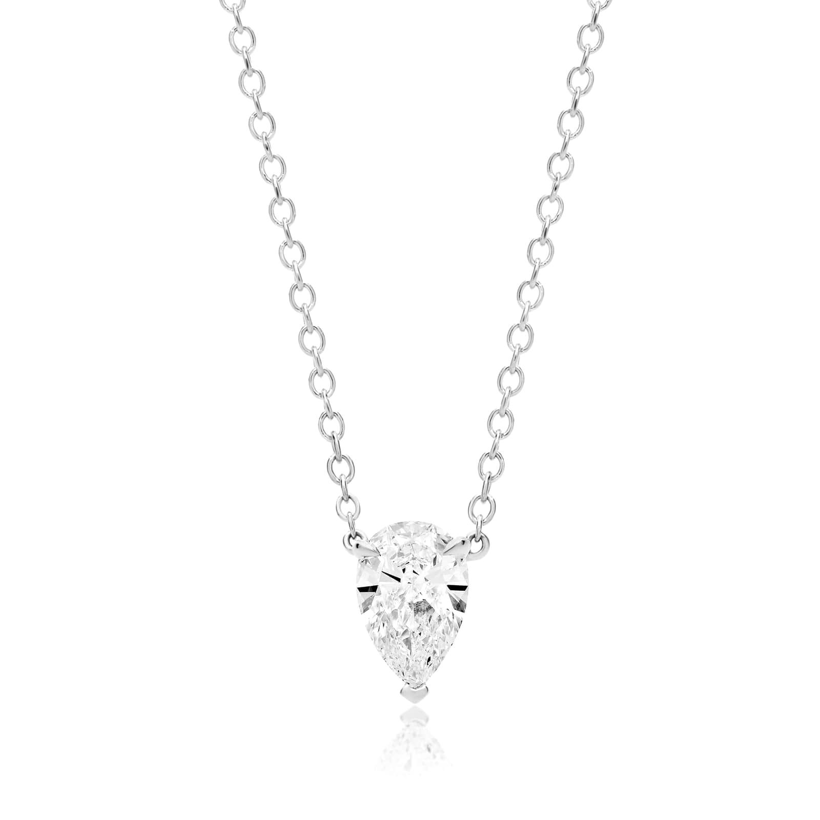 Stella three prong pear diamond pendant point down in white gold on cable chain — earth and grown diamonds by Amber Arc