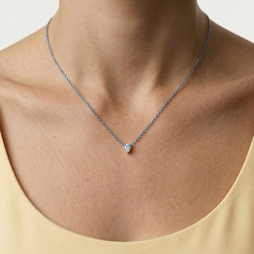 Stella three prong pear diamond pendant point down in white gold on cable chain — earth and grown diamonds by Amber Arc – view 4