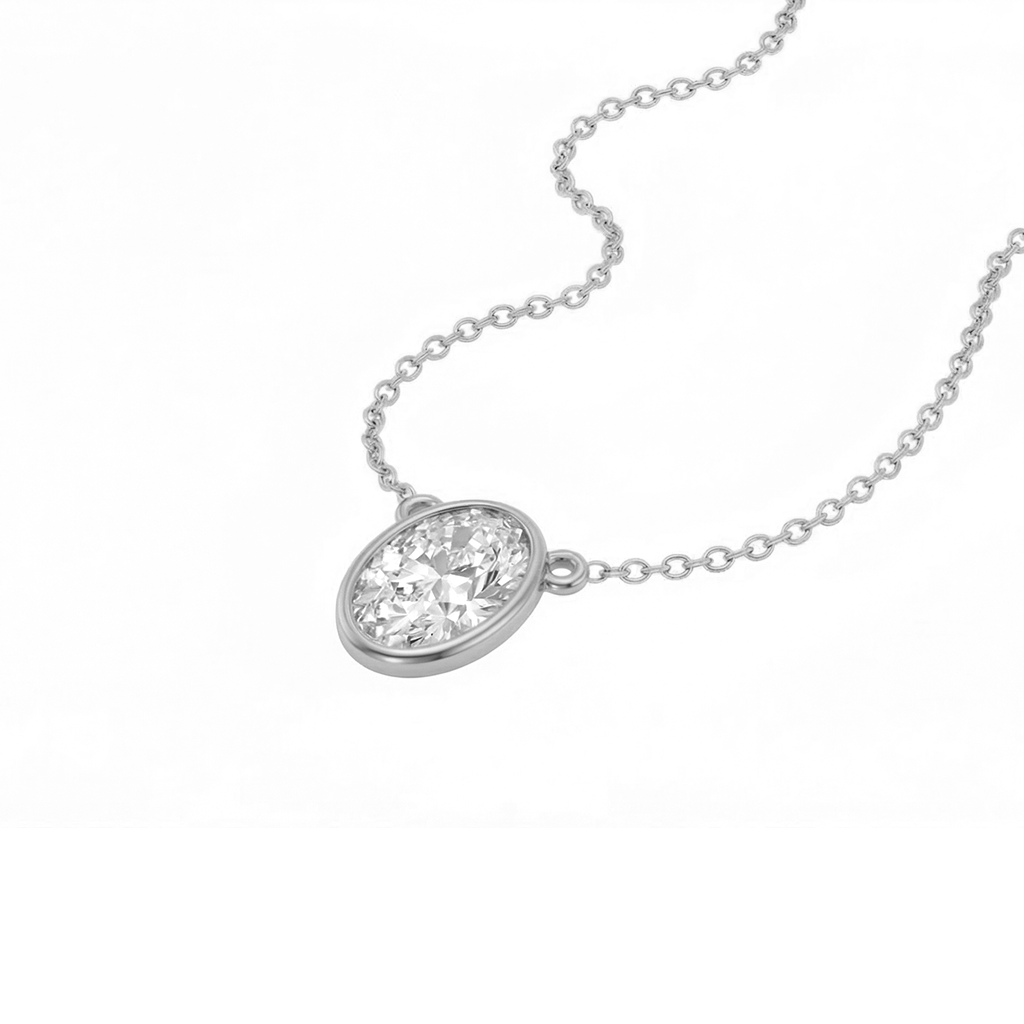 Valencia bezel oval diamond pendant north south in yellow gold on cable chain — earth and grown diamonds by Amber Arc – view 2
