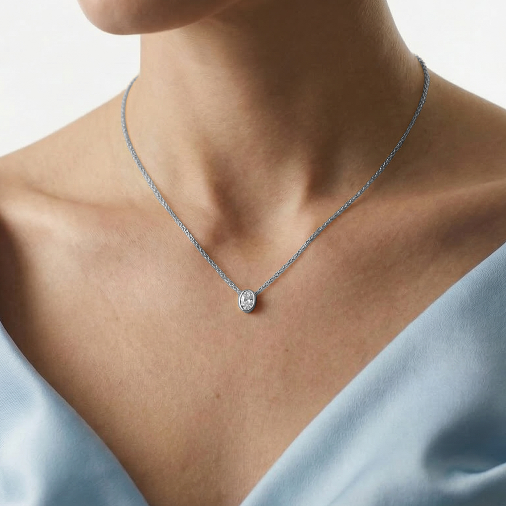 Valencia bezel oval diamond pendant north south in yellow gold on cable chain — earth and grown diamonds by Amber Arc – view 4