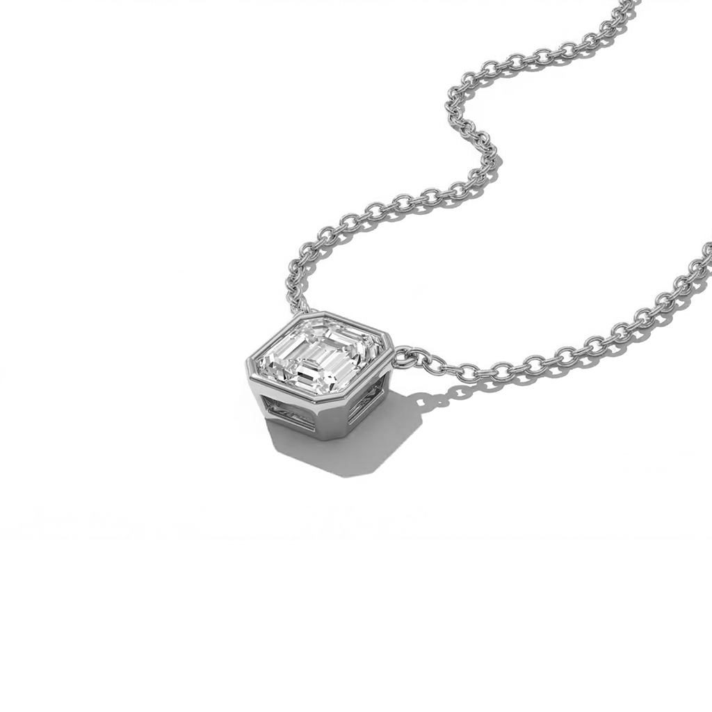 Valencia bezel asscher cut diamond pendant in yellow gold on cable chain — earth and grown diamonds by Amber Arc – view 2